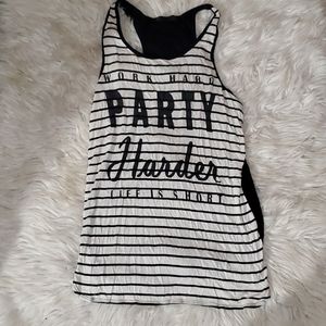 Mandees Work Hard Party Harder Tank Top | Black & White Striped | Size M